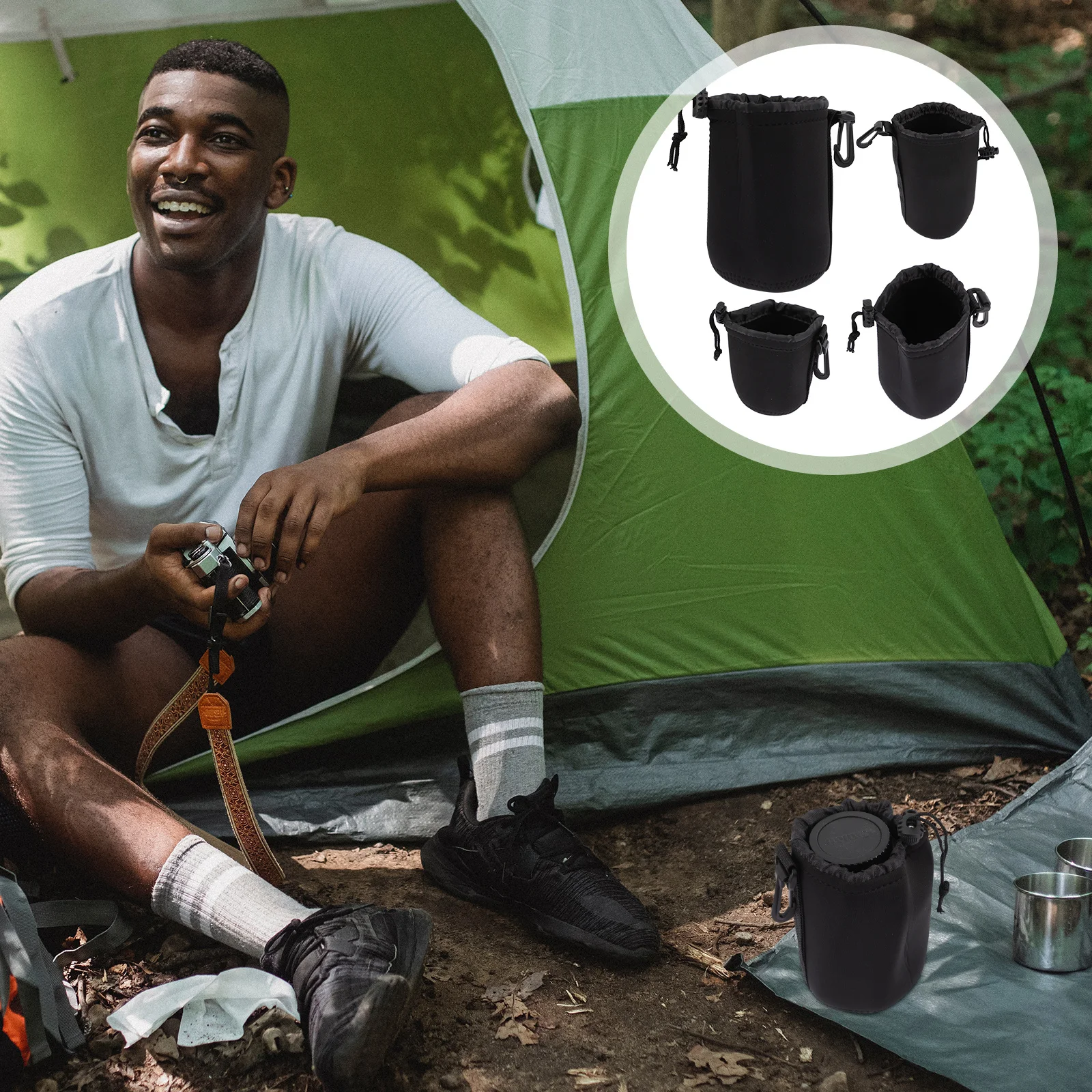 

4Pcs Camera Lens Pouch Neoprene Waterproof Dustproof Shockproof Belt Clip Protector Lens Case Portable for Camera Storage