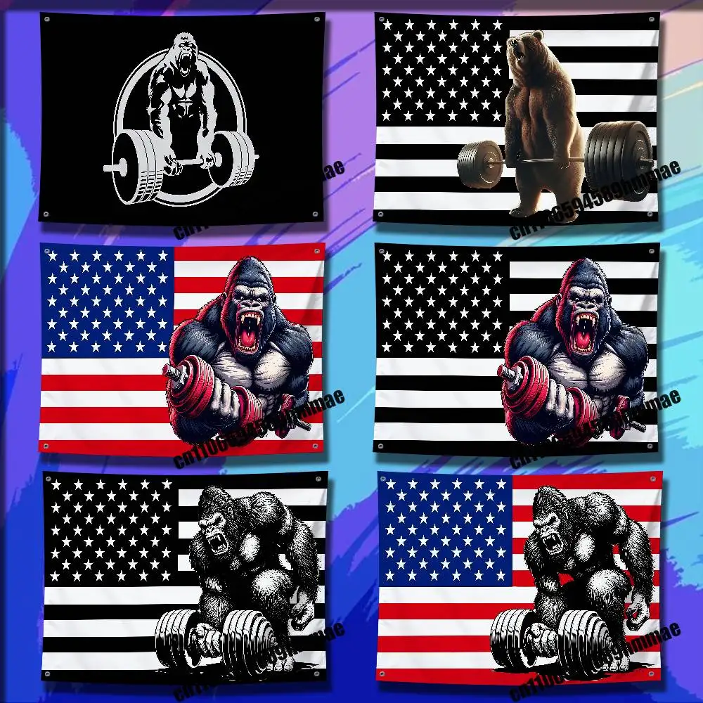 Monkey Bear Gorilla Barbell Gym America USA Flag For 50*70cm 60*90cm 120cm 100*150cm 150*200cm Camp Wall Banner Tapestry Cover