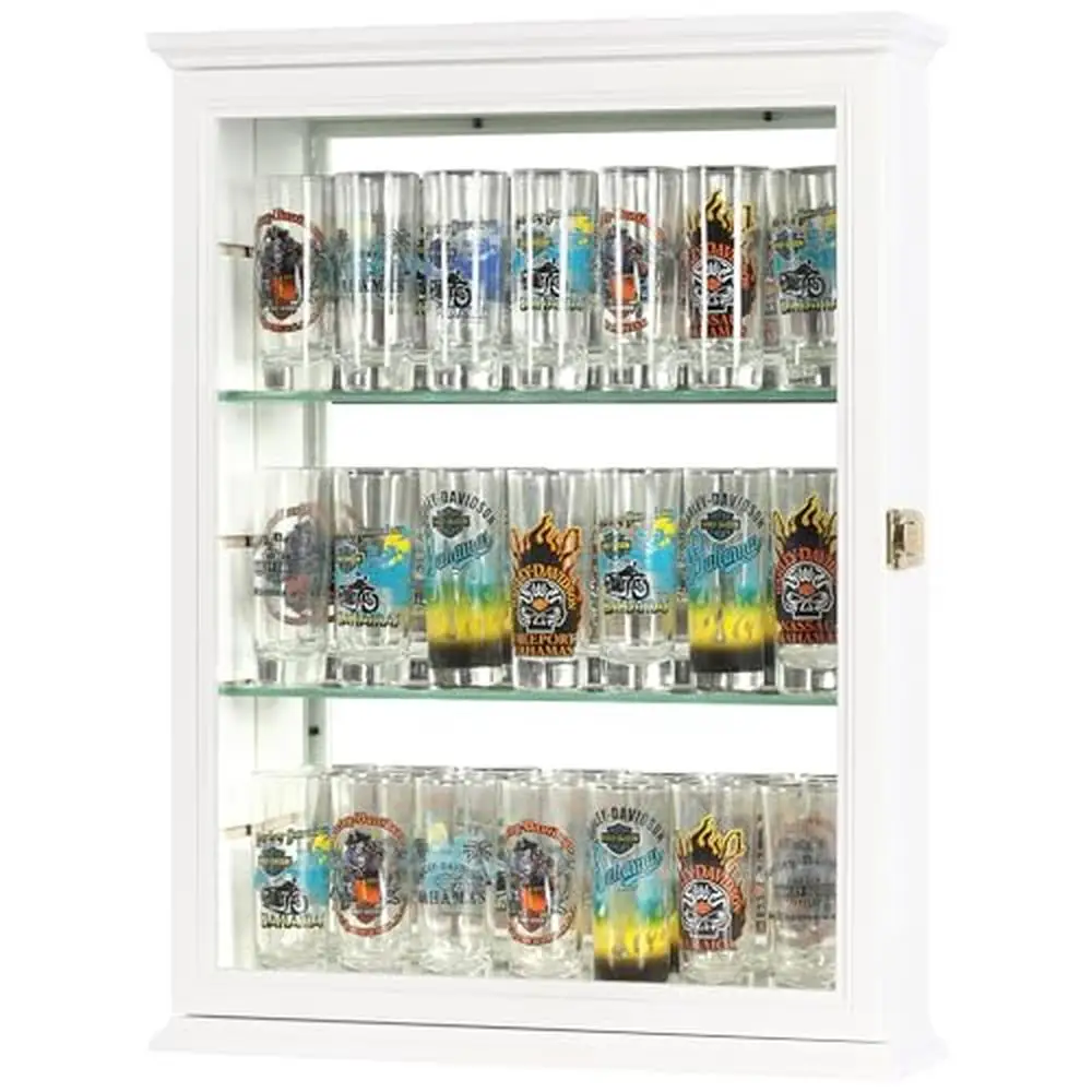 Shot Glass Display Case Wall Cabinet Beechwood Mirror Background Souvenir Collector Gift Dust Protection Wall Mount Stand White