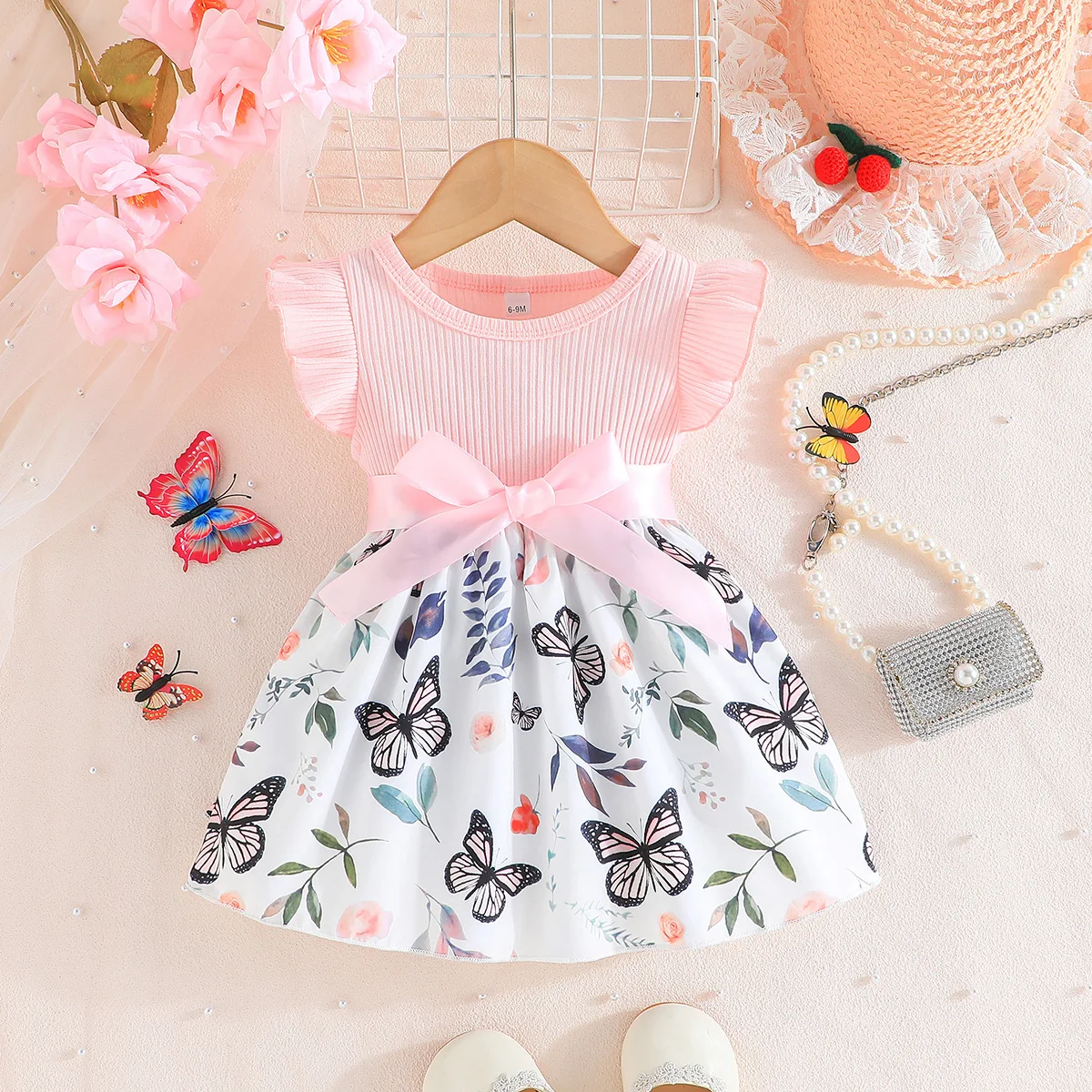 Dress For Kids 6-36 Months Cotton Ruffle Sleeve Cute Butterfly Floral Summer Princess Formal Dresses Ootd For Newborn Baby Girl