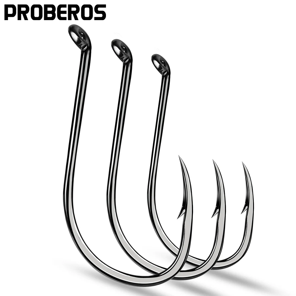 PROBEROS 200 Stück Einzelhaken aus Kohlenstoffstahl mit Widerhaken, rostfrei, versetzter Schaft für Hecht, Muskie, Salzwasser