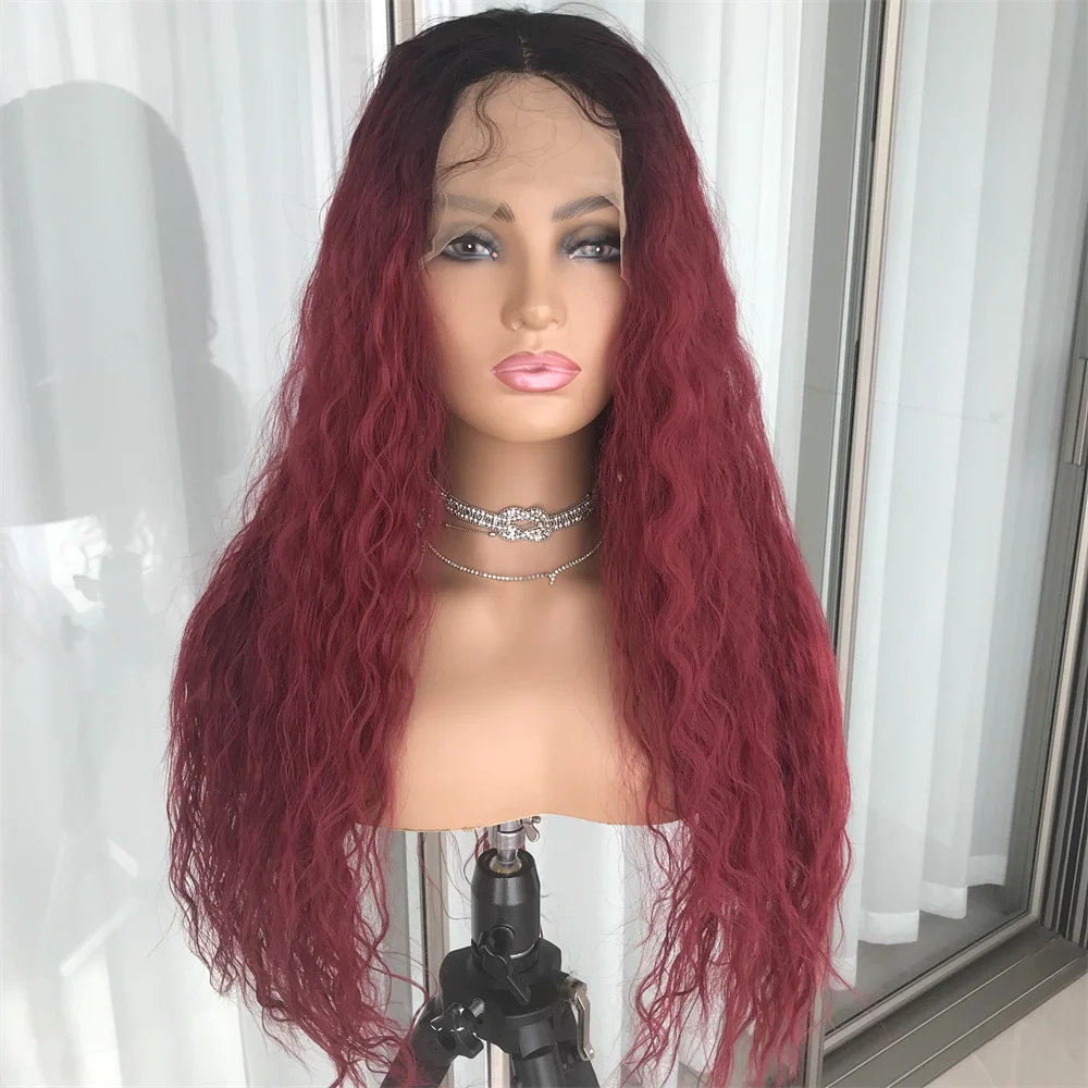 Deep Curly Lace Front Wig Synthetic Lace Hair Wigs with Baby Hair for Women Pre Plucked 1B 99J Burgundy Colored Fiber Hair