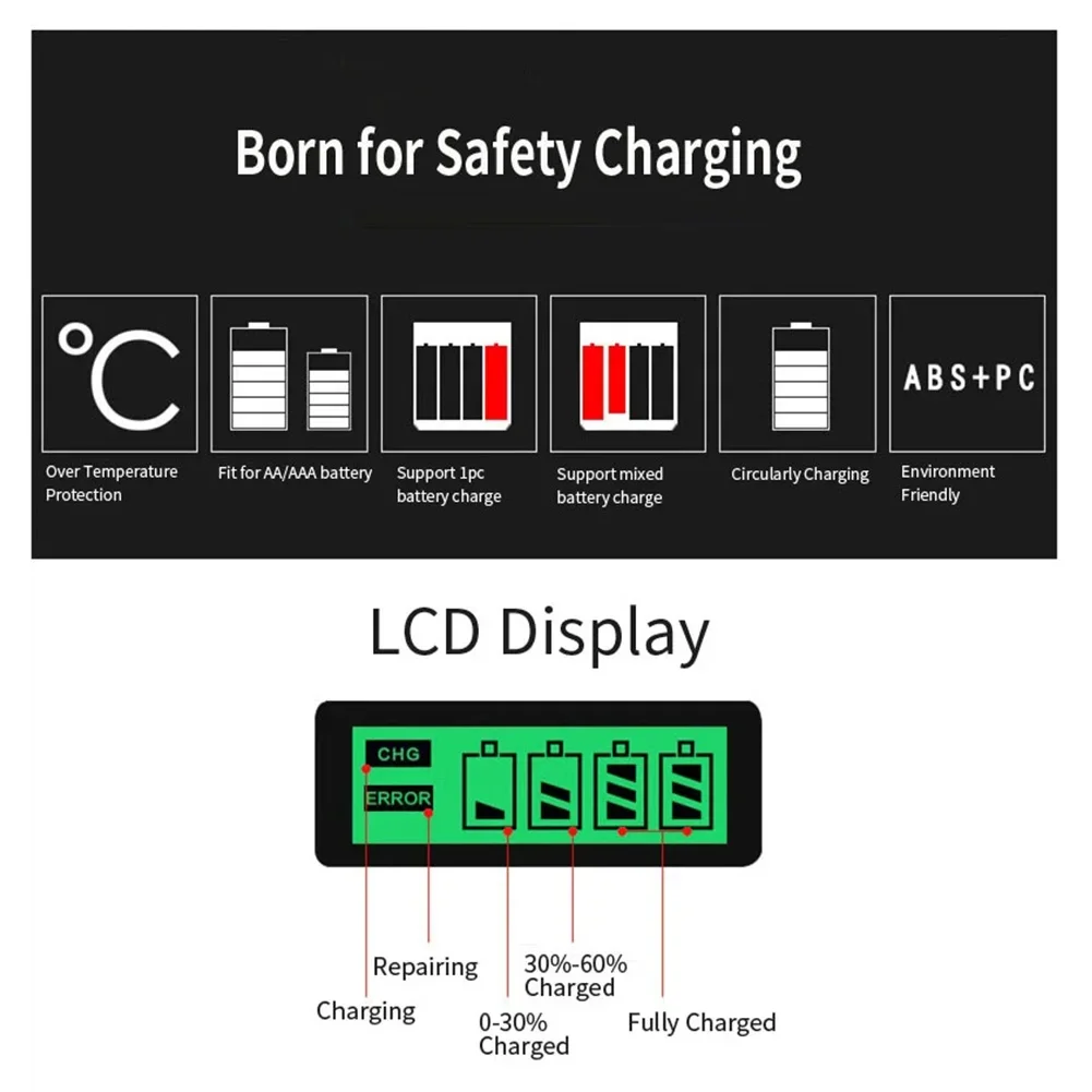 4슬롯 LCD 화면 독립 슬롯 배터리 충전기 AA AAA 지능형 배터리 충전기 (AA/AAA NiMH 충전식 배터리용)