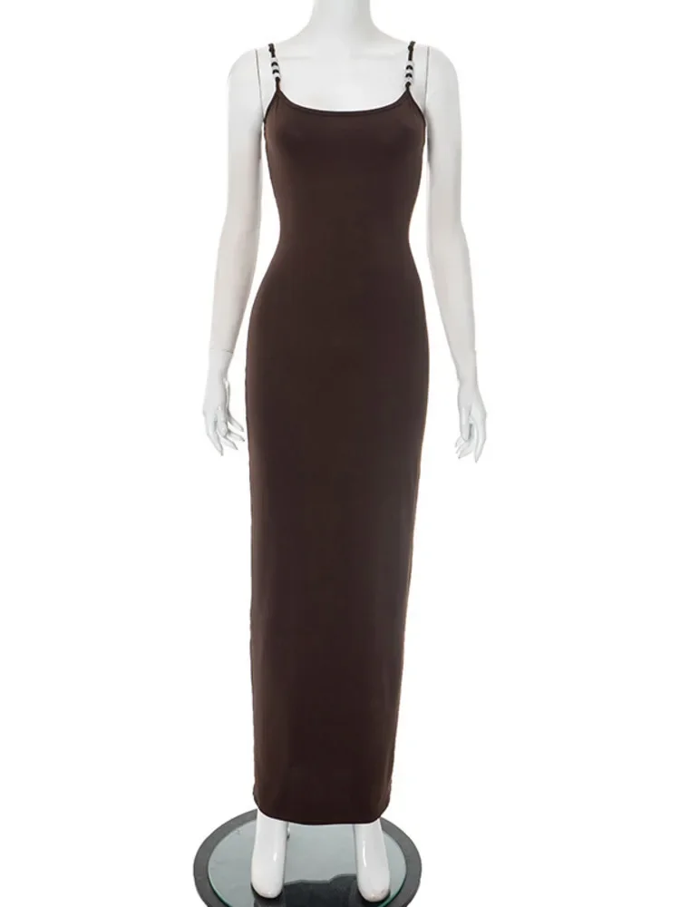 XIAOTANG Spaghetti sangle dos nu Sexy robe Maxi femmes robe mode solide sans manches dos fendu moulante Club fête longue robe