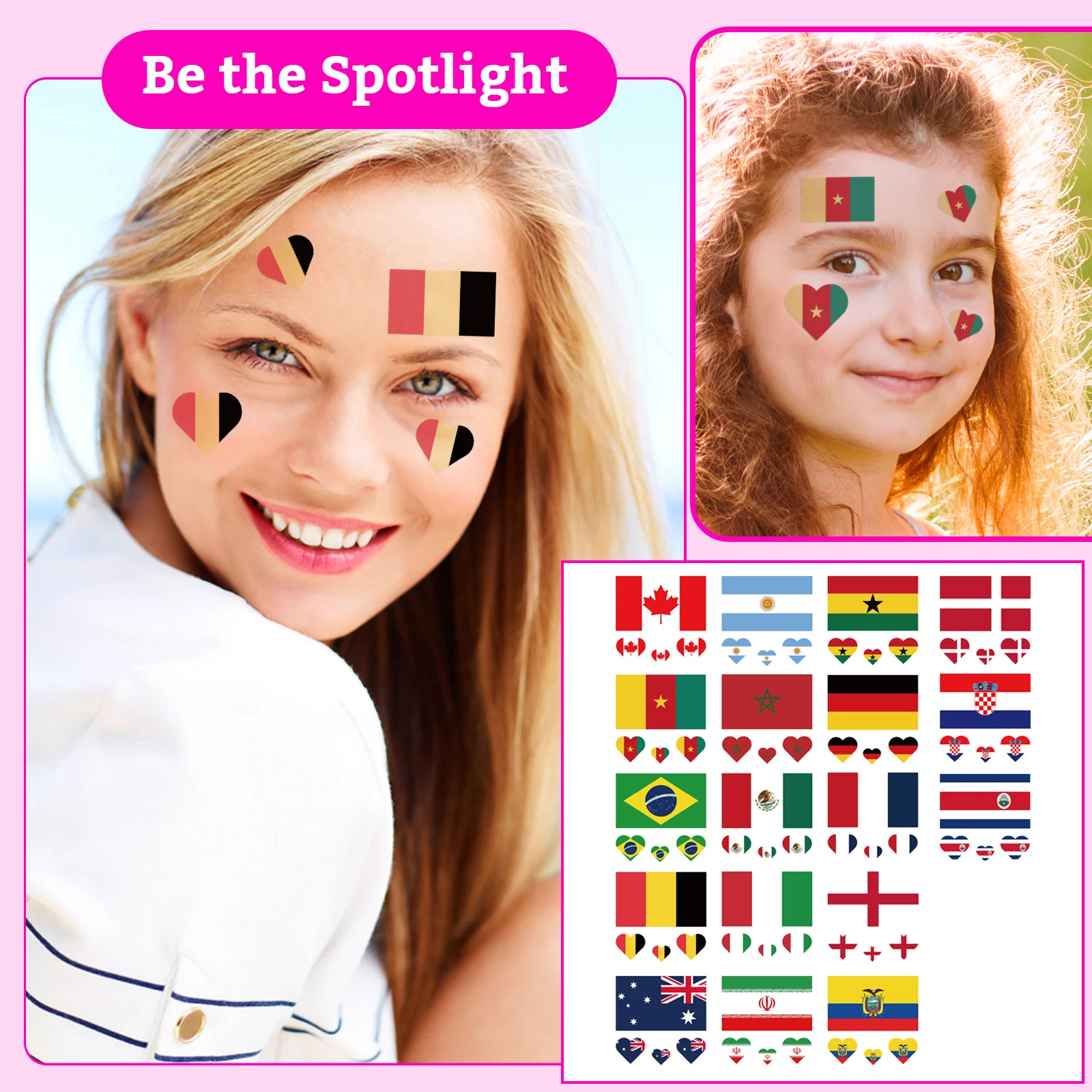 National Flag Face Tattoos Heart Strip Pattern Facial Stickers Sports Fan Body Decor for Football Match Cheering Layout