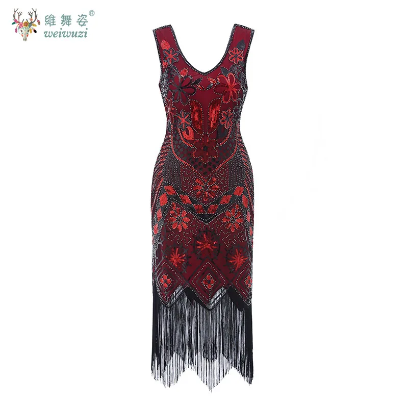 레트로 스타일 V넥 태슬 이브닝 드레스 민소매 스팽글 비즈 자수 꽃무늬 댄스 이브닝 드레스 공연 의상