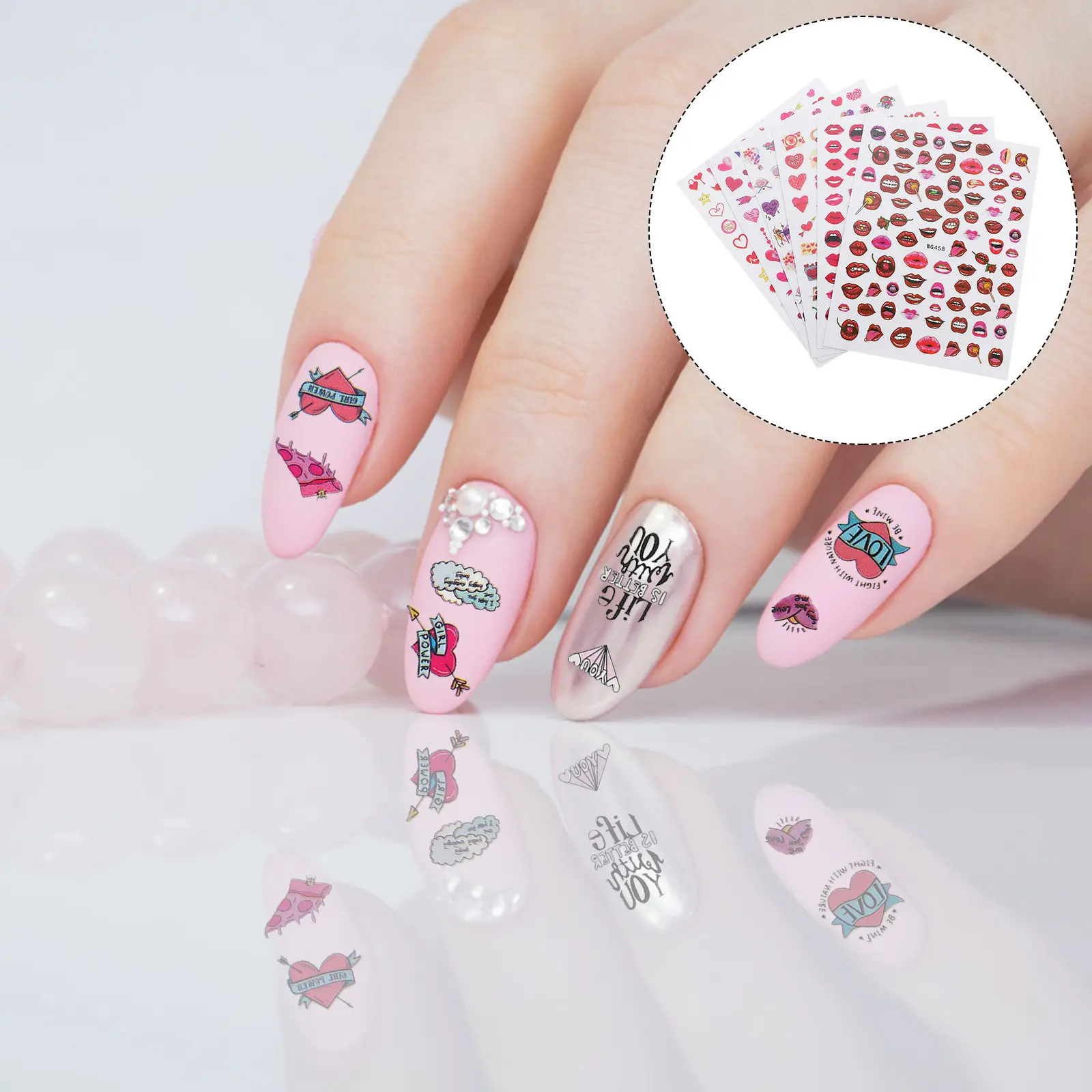 12 Sheets Pink Cute Dash Nail Art Stickers Heart for Valentine's Day Red Lip Decals