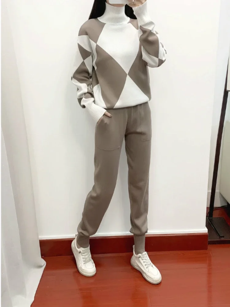 Casual Knitted Plaid Sweater Two-piece Set Autumn Winter Two Piece Set Women Outfit 2026 Fashion Khaki Luxury Elegant Women Set