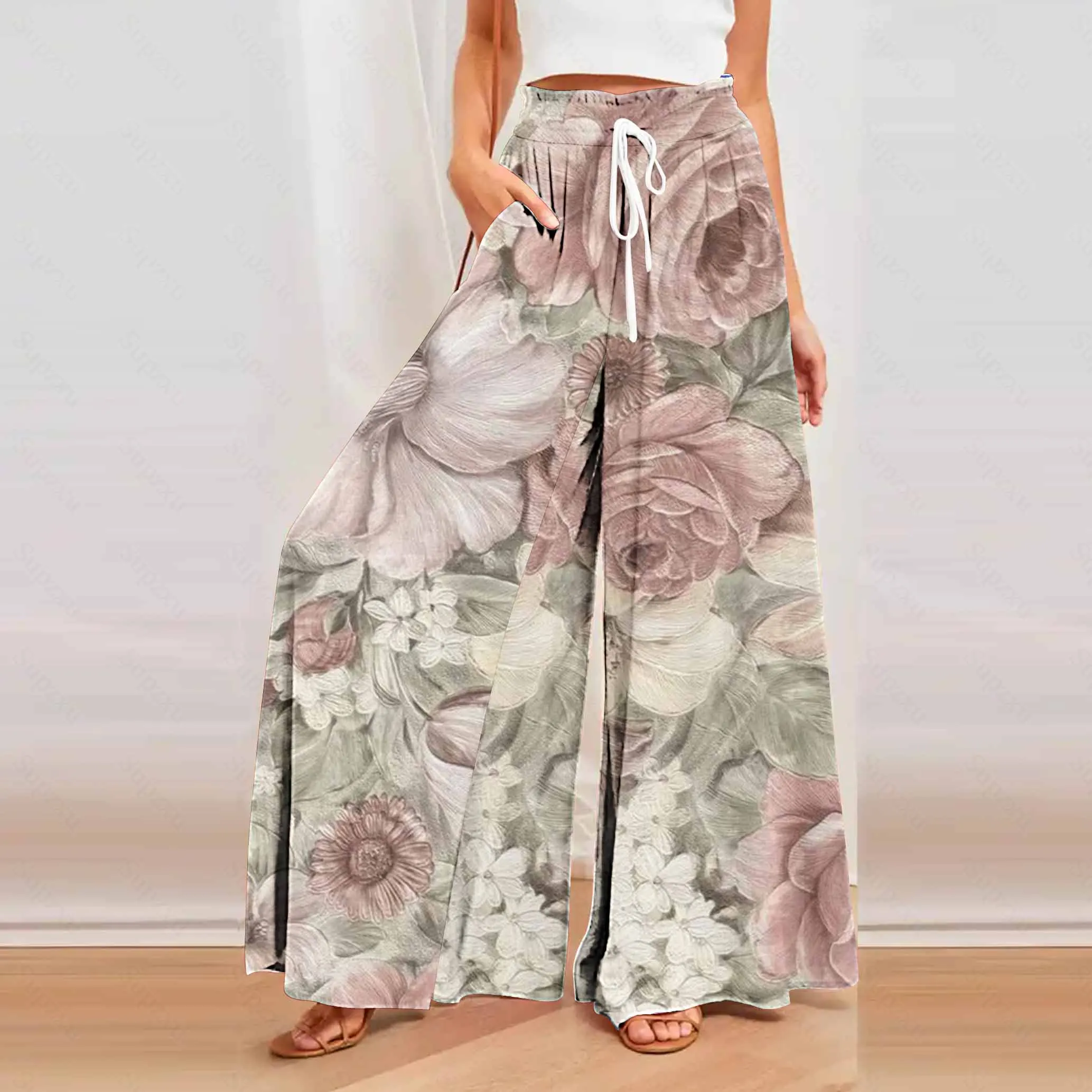 Women\'s Wide Leg Trousers ZANZEA 2023 Kaftan Printed Pants Elastic Waist Long Pantalon Palazzo Casual Floral Turnip Oversized