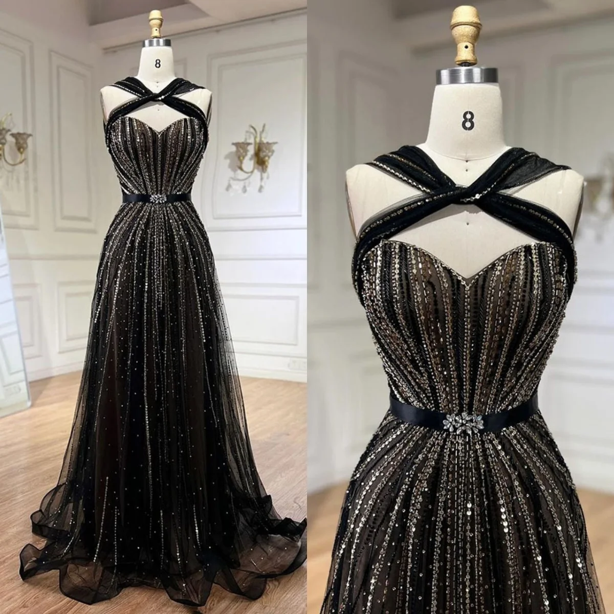 Handmade Women's Formal Dress For Evening Party, Sleeveless Beaded A Line Party Gwon, Sexy Backless Prom Dresses