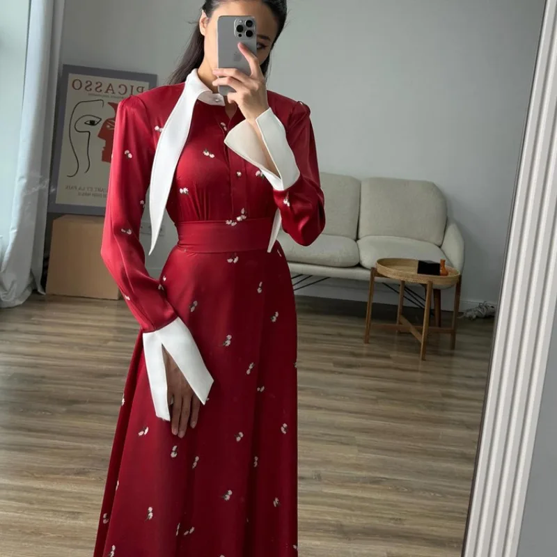 Vestido largo Vintage con corsé para mujer, vestido largo elegante de satén con manga larga y botones, vestido fluido de hada, vestido camisero modesto