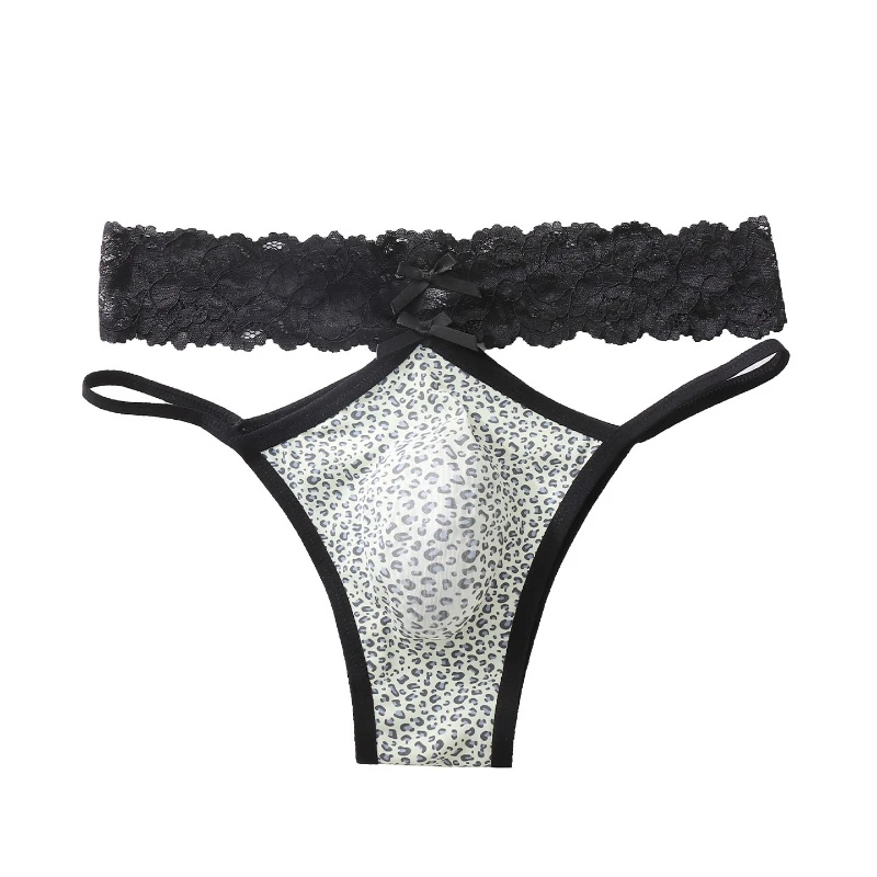 Men's Sexy Briefs Ice Silk Leopard Lace Sissy Panties Bow Hollowed-Out U Convex Pouch Underwear Quick-Drying Bikini Underpants