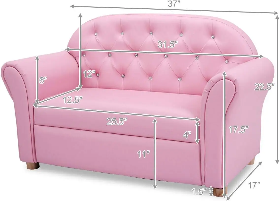 Sofá infantil, 2 em 1, assento duplo princesa, sofá infantil com superfície de couro PU, cadeira de apoio de braço para crianças pequenas para quarto, quarto infantil