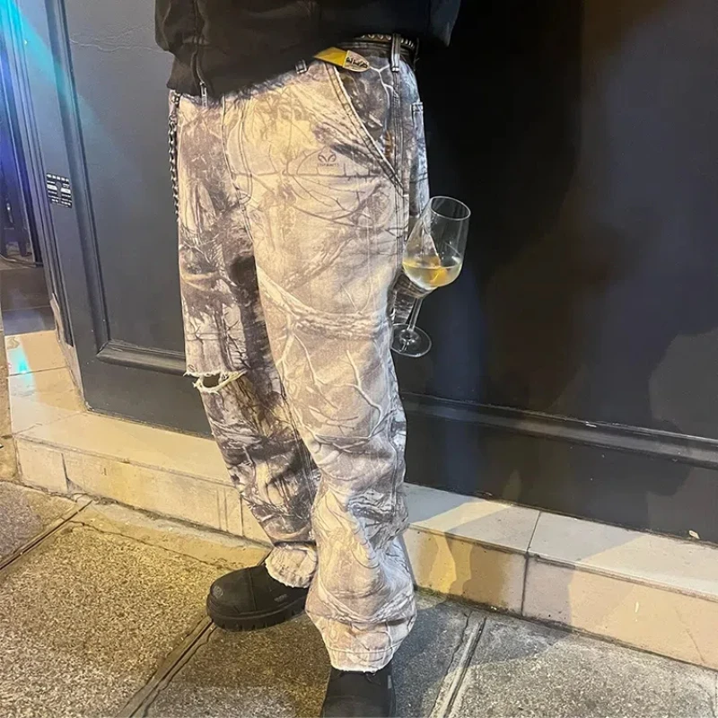 

High Street ERD Camo Pants Men Distressed Washed Jeans Casual Cargo Pant Y2k High Quality Jean Men Trouser