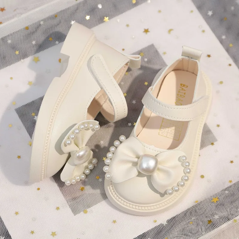 2025 Autumn New Girls Princess Shoes Sweet Pearl Children Fashion Leather Shoes Toddlers Versatile Wedding Party Kids Flat Shoes