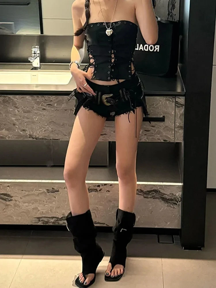 Amerikaanse Vintage jaren 2000 Zwarte High Street Sexy Shorts Persoonlijkheid Praktische Y2k Esthetische Punk Girl Bottom Harajuku Korte Broek