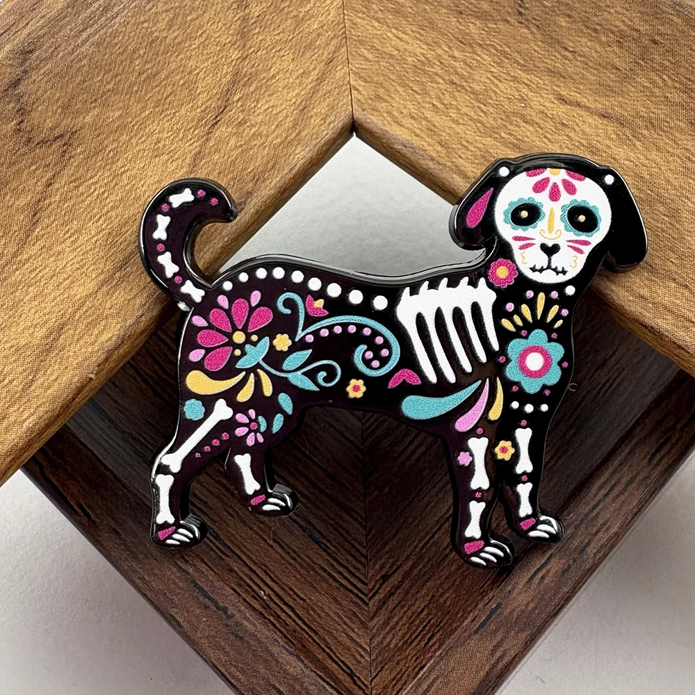 Day of the Dead Sugar Skull Dog Enamel Pin Mexican Folk Art Colorful Flower Puppy Brooch Skeleton Animal Badge Halloween Gothic