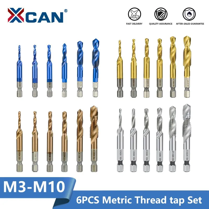 XCAN Taps Combined Tap and Drill Set HSS Hex Shank Metric Tap Machine Plug Tap Thread Tap Drill Hand Tools M3 M4 M5 M6 M8 10 M12