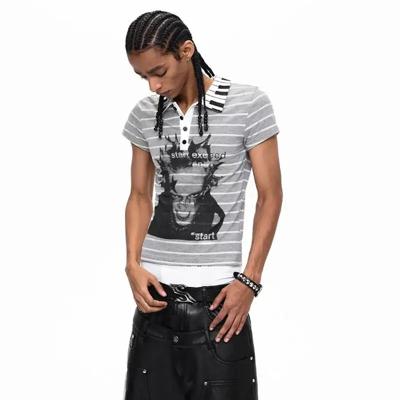 LUZHEN 2026 Summer Stripe Printed Short Sleeve T-shirts Men's Fashion Original Streetwear Single Buttoned Lapel Male Tops JY6578