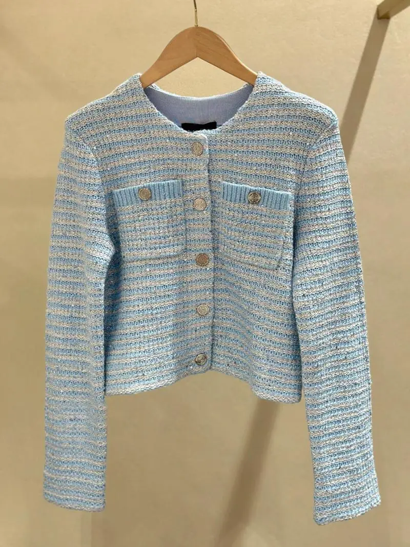 

HEIDD M Home 2025 Spring Blue ort Вязаный свитер iny Tead Смешанная линия плетения Маленький ароматный Sle Commute Sle Strai...