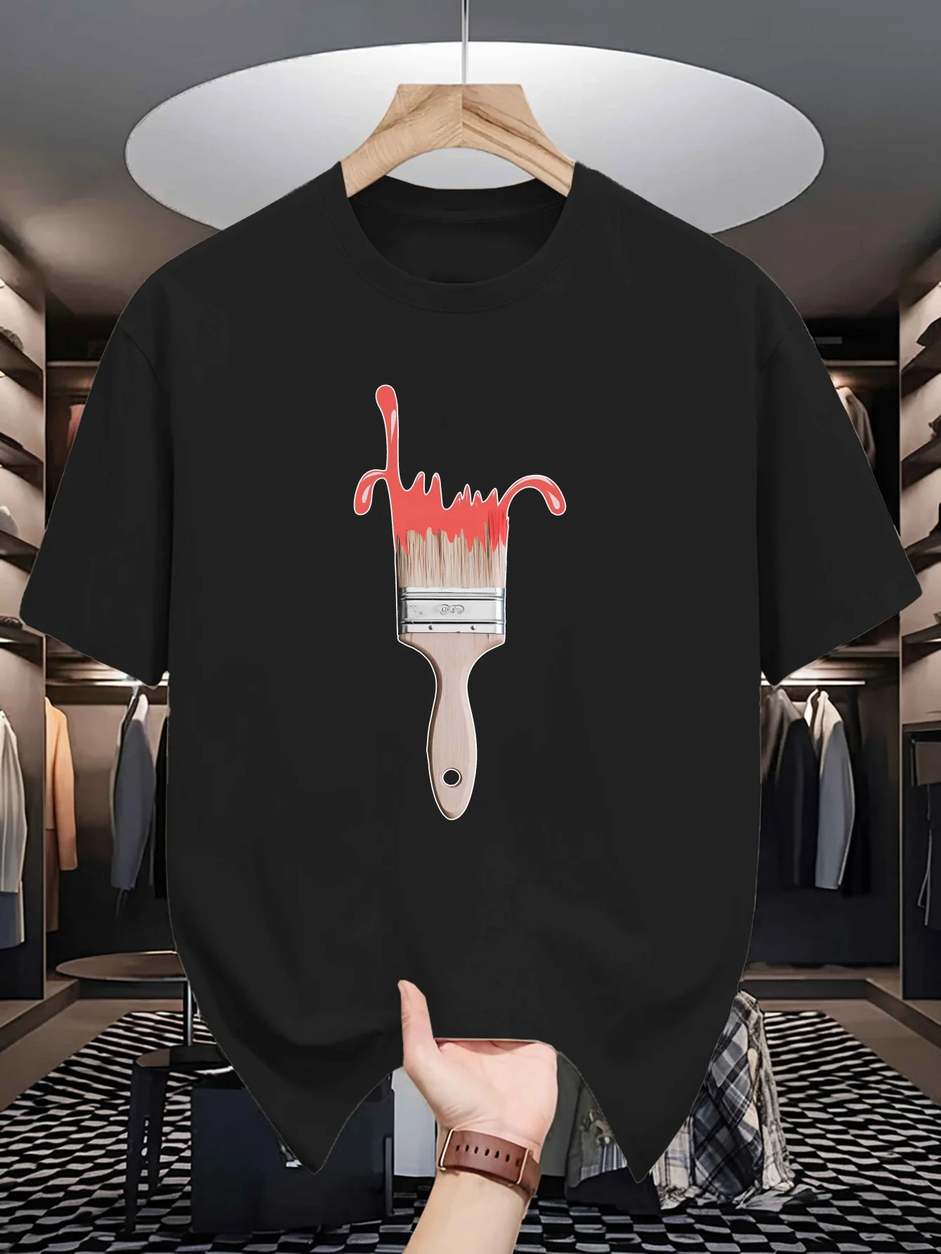 Mens Crew Neck T Shirt Red Dripping Paint Brush Artist Graphic Short Sleeve Casual Cotton Painter Art Lover Streetwear Tees