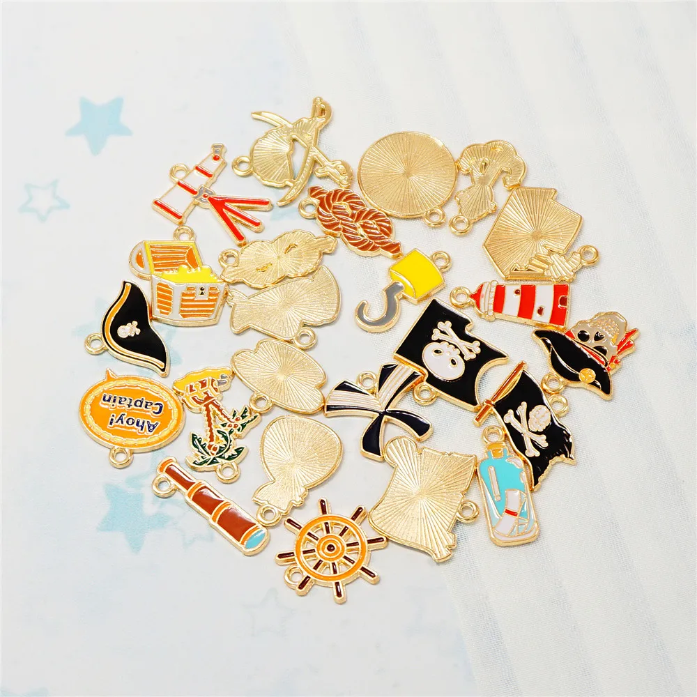 10/14/24PCS Mixed Enamel Pirate Theme Charms Alloy Halloween Skull Anchor Ship Pendants for Bracelet Earrings DIY Jewelry Making