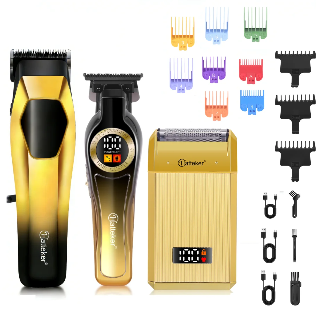 Hatteker 3pcs Electric Hair Clipper Barber Shop Oil Head Display Digital Gradient Trimmer Professional Hairdressing Scissors