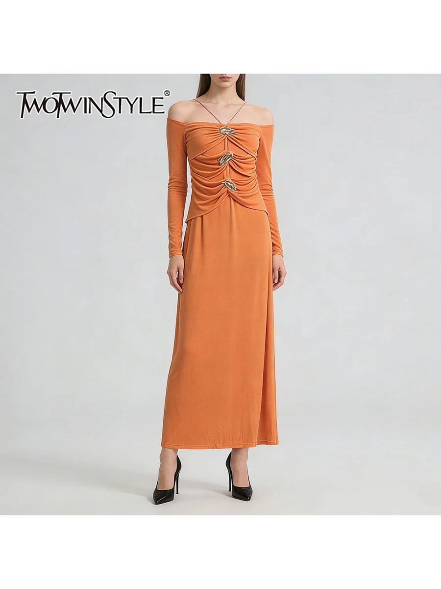 

Модное женское платье TWOTWINSTYLE с эффектом похудения, с металлическими цветами, квадратным вырезом, длинными рукавами, пэчворком и складками, новинка