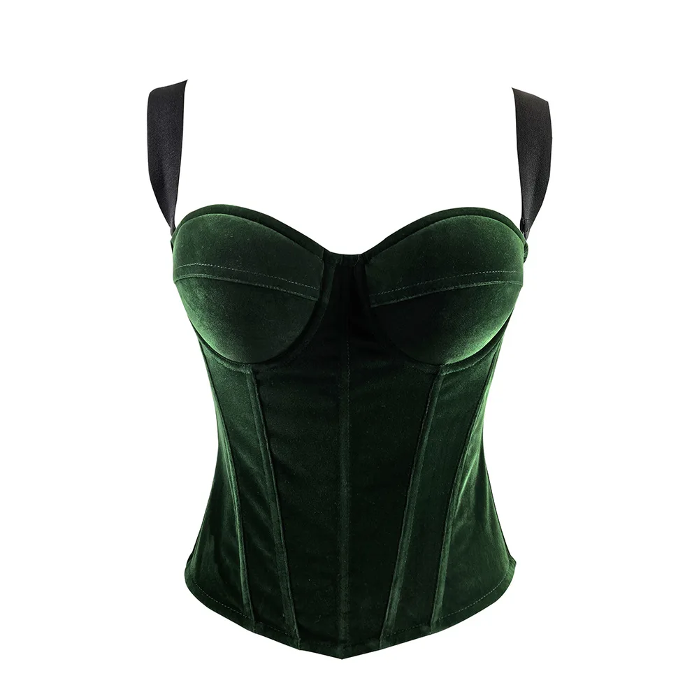 Corset en velours français Sophia pour femme, surbuste avec soutien-gorge, haut court standard, mince, dos nu, tube brillant, Y-Zipper, haut sans bretelles, vêtements en saillie, Y2k