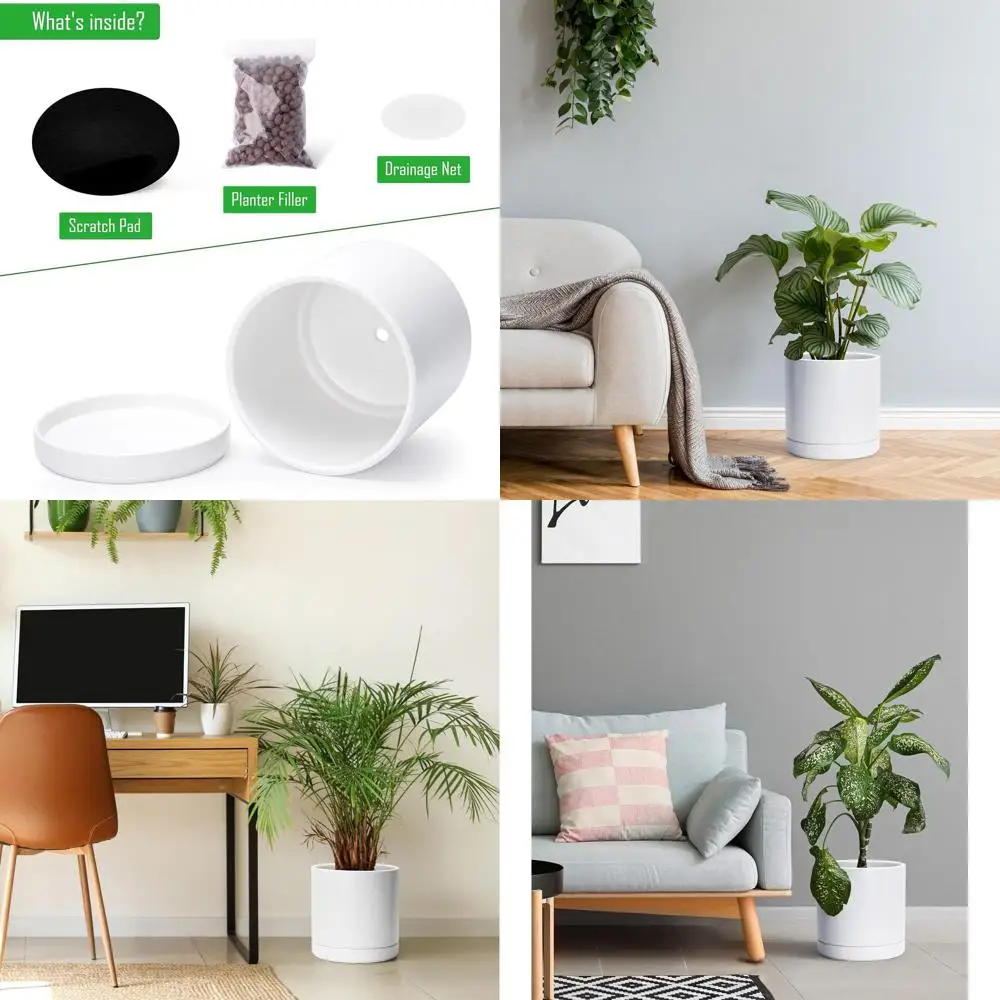 

D'vine Dev 10-дюймовый цветочный горшок Ceic с дренажным отверстием и блюдцем, круглый цилиндрический горшок для цветов в помещении, белый, 94-O-E-1