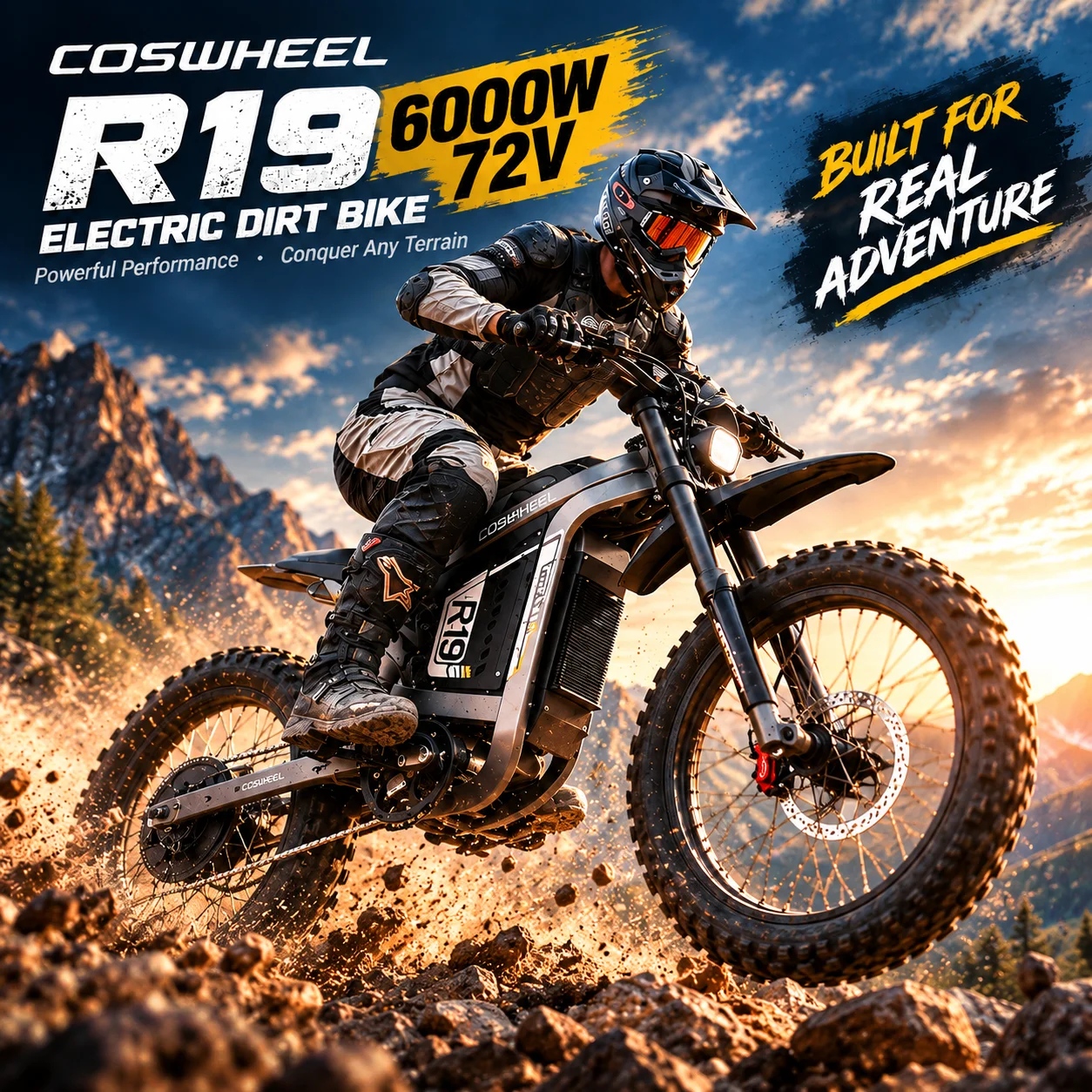 R19 E-Bike, moto elettrica da 6000 W, batteria da 72 V e 40 Ah, pneumatici da 19" per uso fuoristrada, freni idraulici, 7 velocità, velocità massima superiore a 70 km/h.