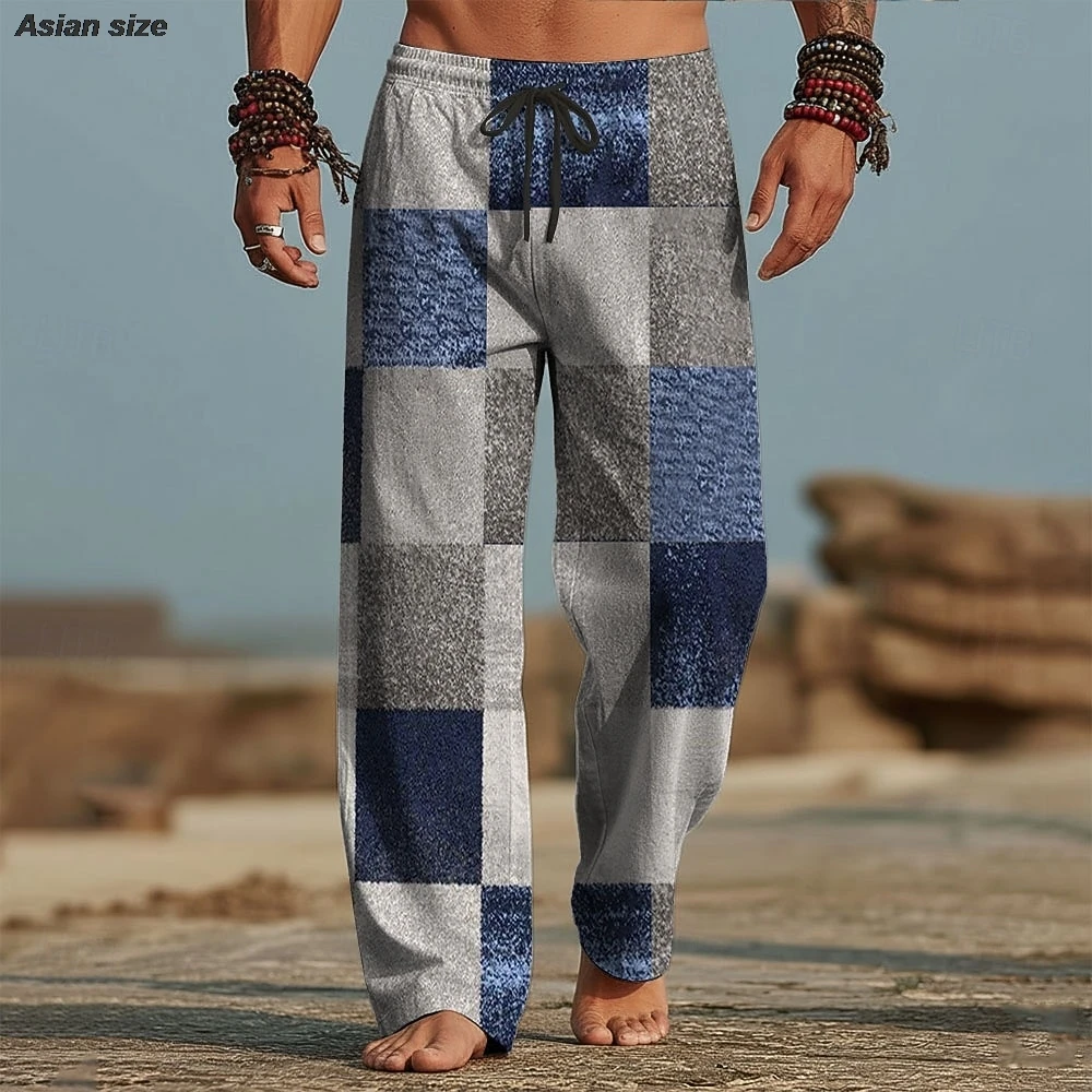 Men's Geometric Color Block Patchwork Trousers Baggy Pants Casual Pants Mid Waist Vacation Elastic Drawstring Waist Pants