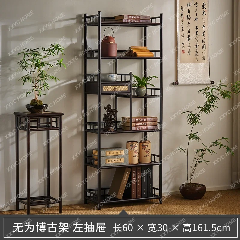 Solid wood Chinese tea display cabinet shelf, tea set ornament, living room floor integrated shelf