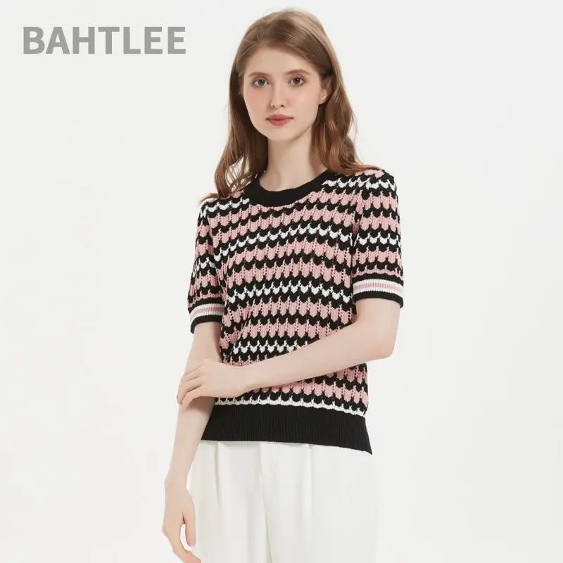 BAHTLEE-Linen Pullover for Women, Short Sleeve, Hollowed Out Design, Stripe O-Neck, Button Knitted Sweaters, Breathable Sweaters