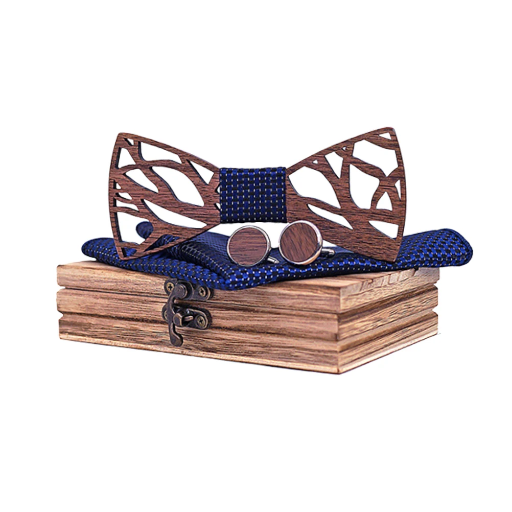 

4pcs Hollow Wooden Bowtie Set For Men Wedding Accessories Groom Gift Box Vintage Style Durable Wood One Size Fits All