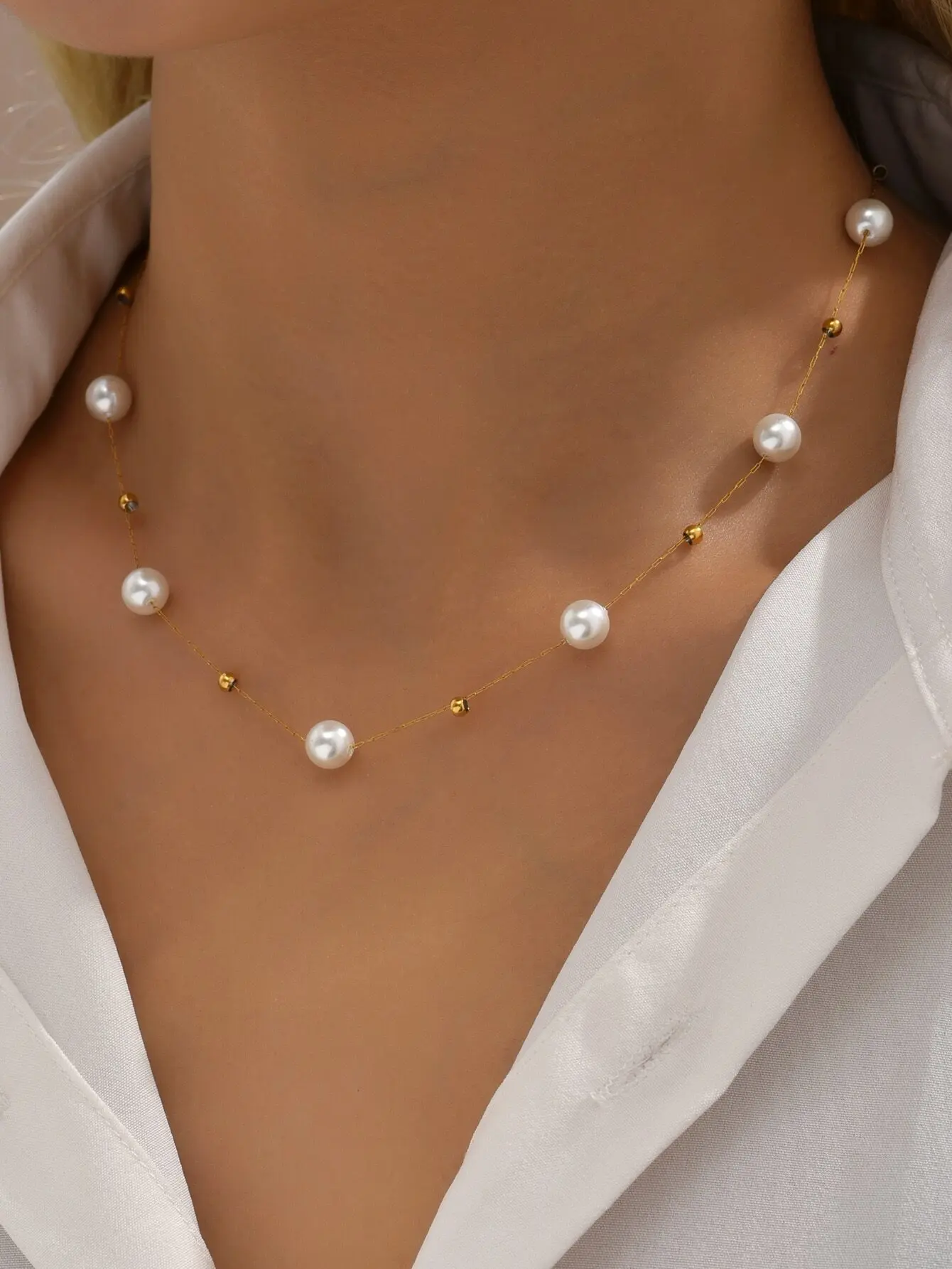 

18K Gold Plated Stainless Steel Pearl Bead Necklace for Daily Wear & Holiday Gift
