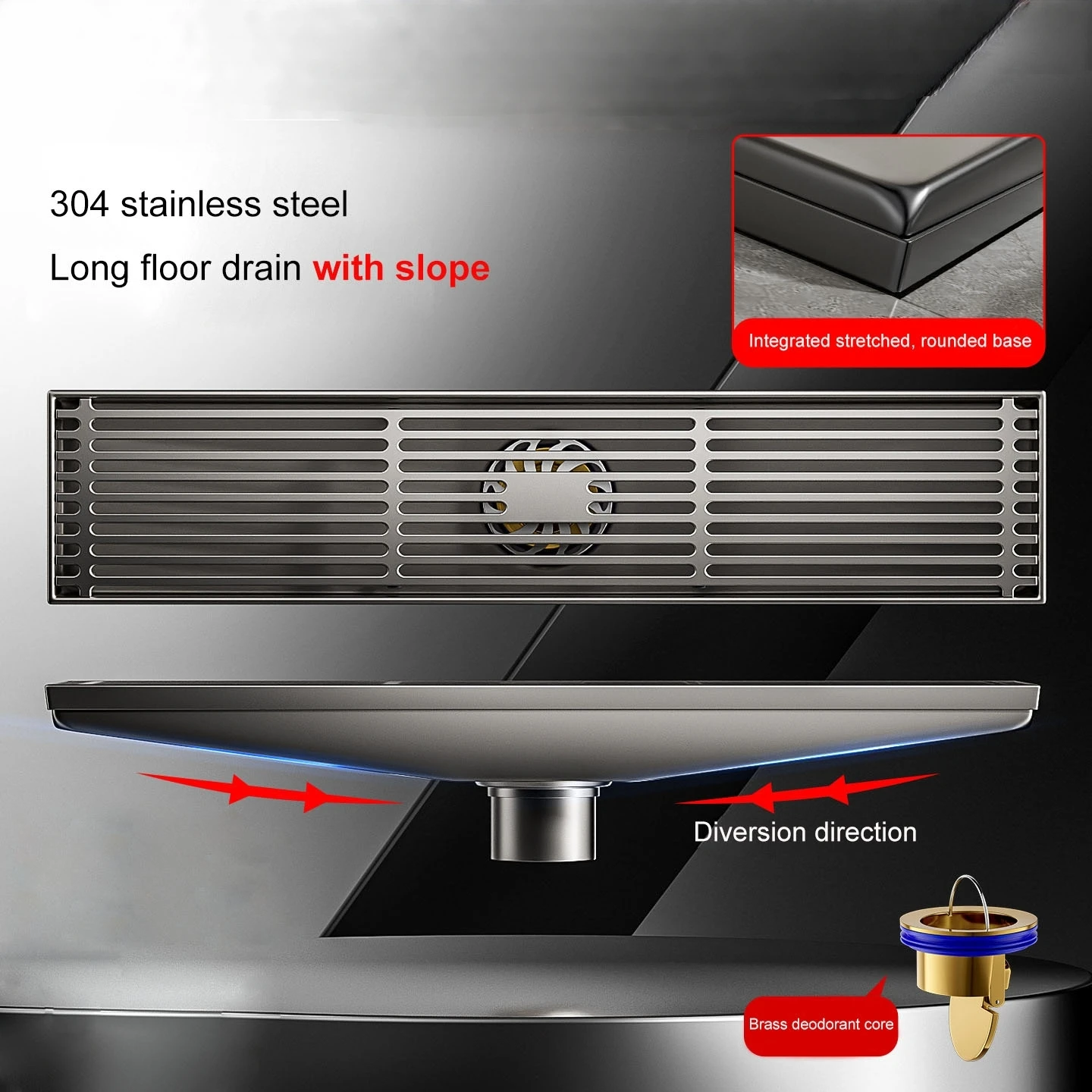Long Strip Floor Drain With Slope Stainless Steel 304 Gun Gray Large Displacement Toilet Drain Deodorant And Insect-proof