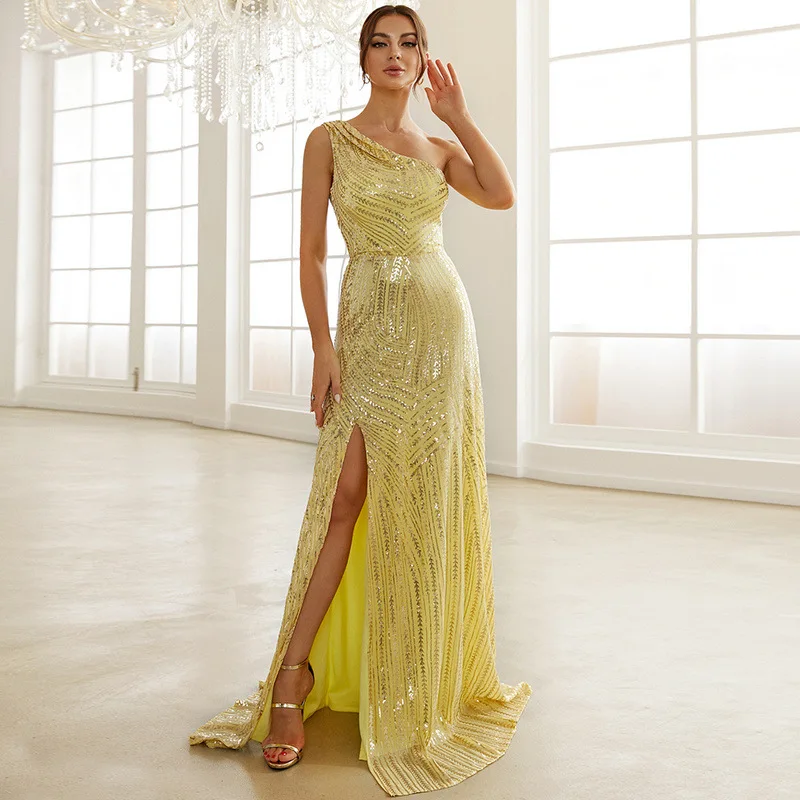 Sexy Elegant Women Summer One shoulder Backless Split dresses Ladies Yellow Sequined Party Evening Cocktail Prom Mermaid dress