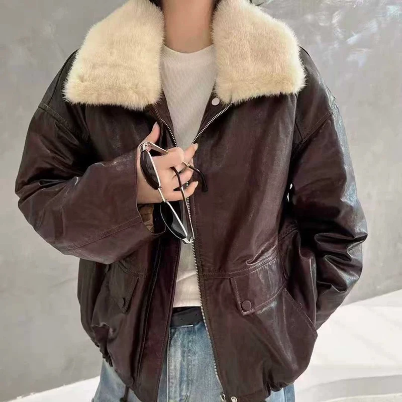 Doudoune en cuir marron hiver dames de luxe col de fourrure de vison 90 duvet d'oie blanche ample chaud cireux manteau en peau de mouton Doudoune Femme