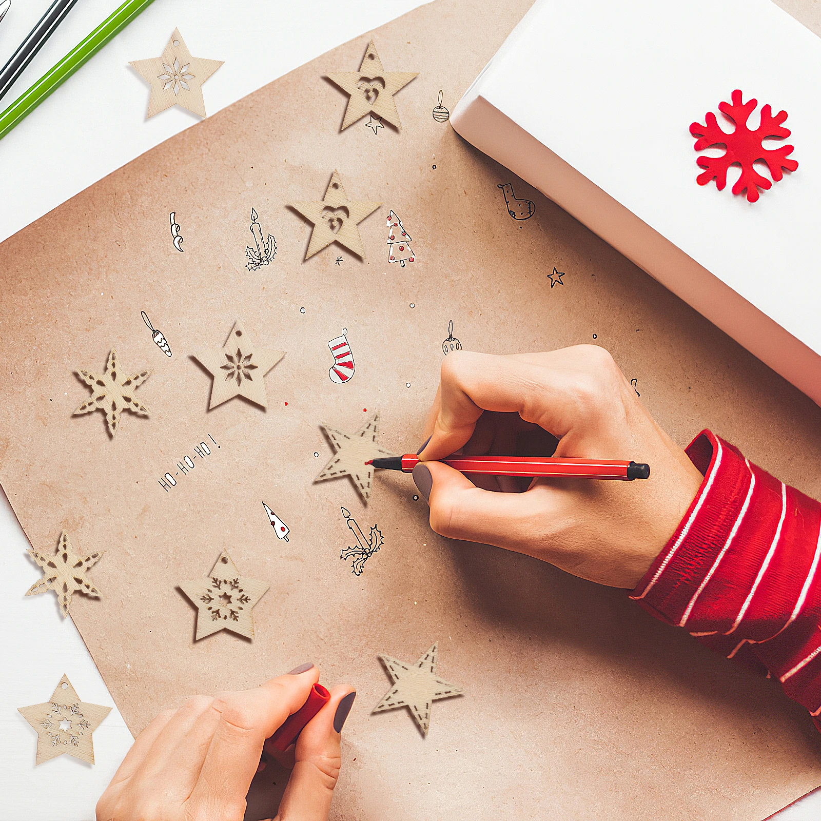 

50Pcs Wooden Christmas Pentagram Ornaments Hanging Decorations for Handmade Wood Craft DIY Holiday Home Decor