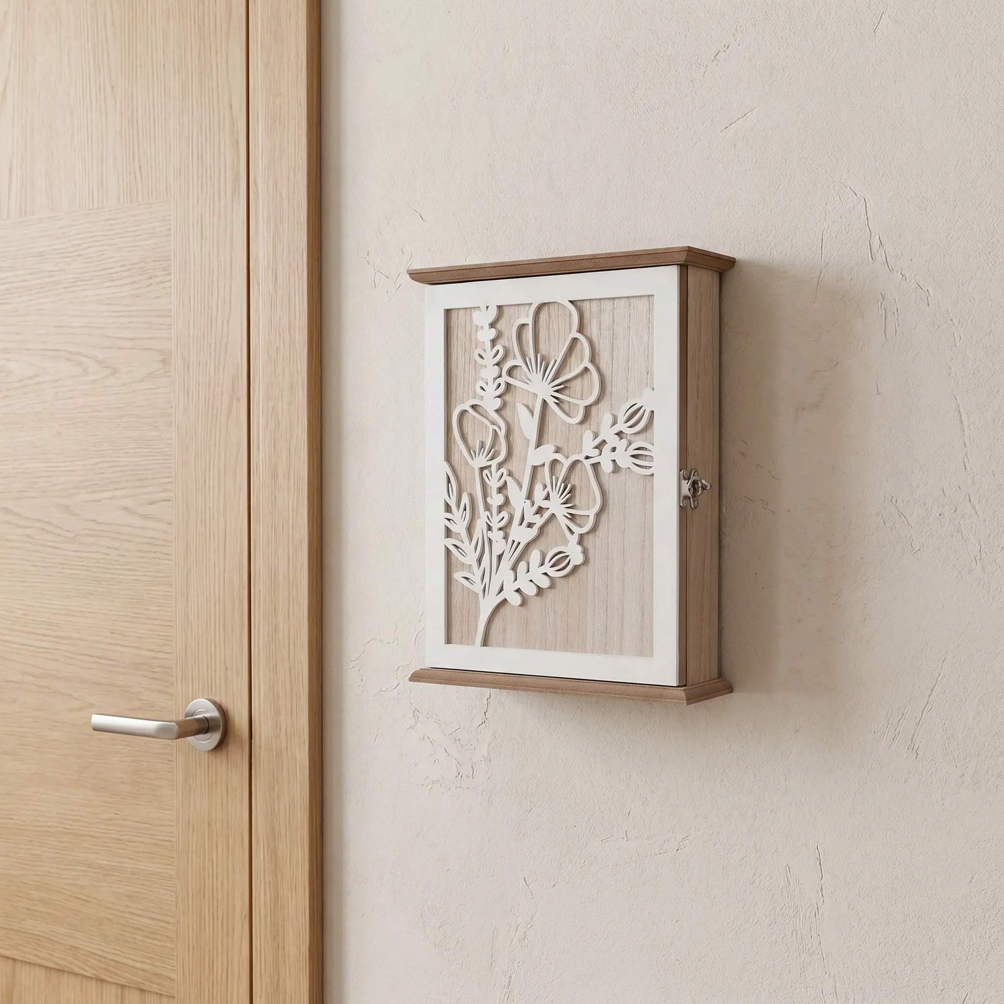 Wooden Wall Key Box Decorative Rustic Floral Carved Organizer Key Holder for Home Entryway Hallway Wall Mount Wooden Keyholders