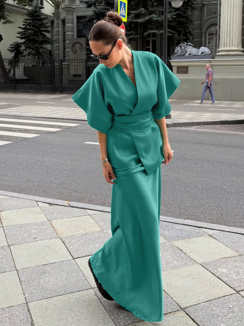 Marthaqiqi Comfort Pigiama da donna Set Mezza manica Camicie da notte Scollo a V Indumenti da notte Gonne lunghe Moda Indumenti da notte femminili Abiti invernali