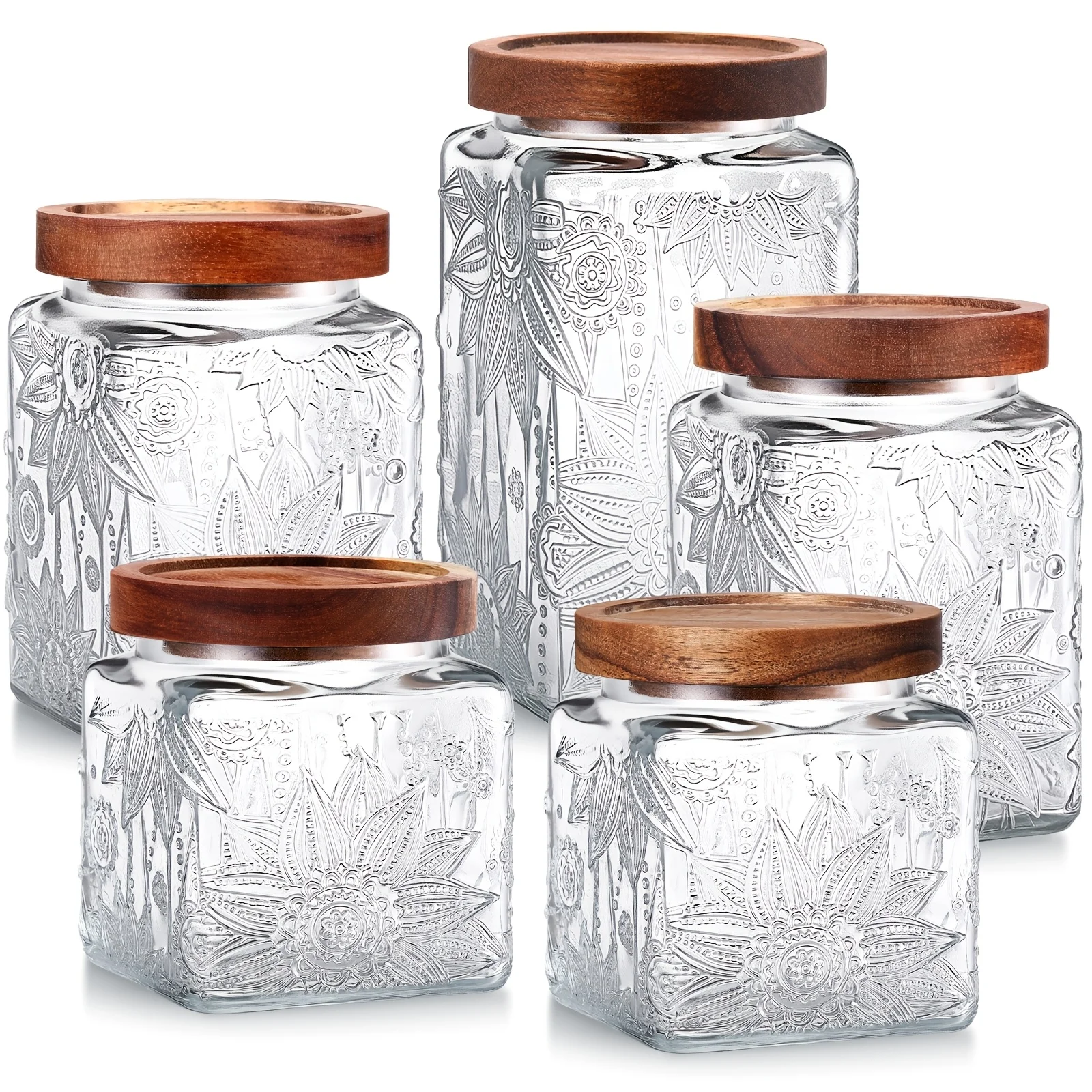 

Set of 5 Vintage Glass Jars with Bamboo Lids, Available in Sizes 17, 24, And 34 Oz, Perfect for Storing Food Items Like Sugar, Flour, Coffee, Tea, Candy, Oats, And Cereal on Your Kitchen Counter Or in The Pantry