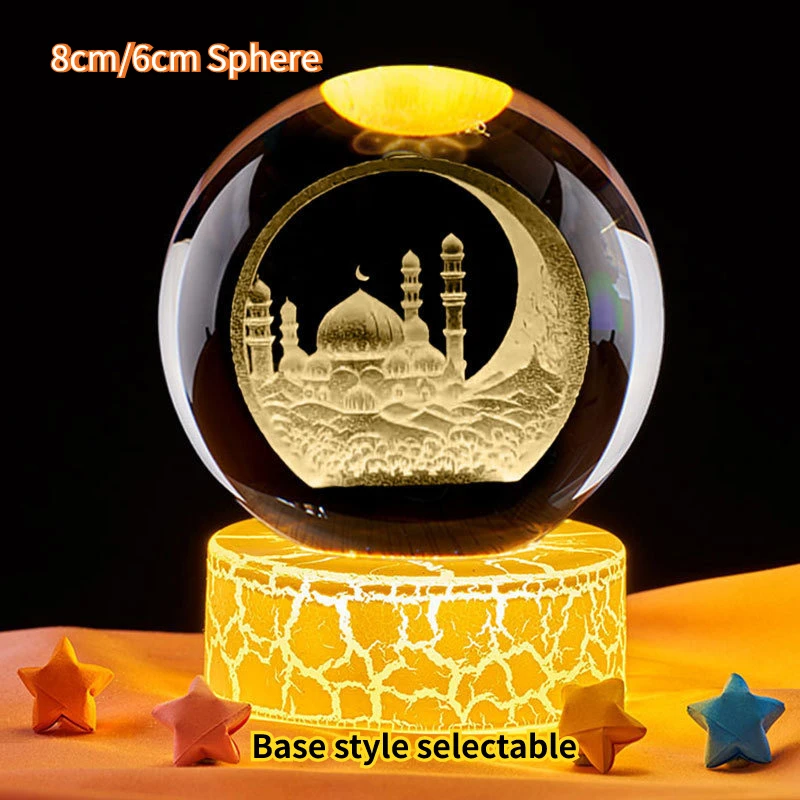 3D Laser Engraved Crystal Ball Night Light Muslim Islamic Ornament with USB Base Warm Color Ramadan Eid Festival Home Decor Gift