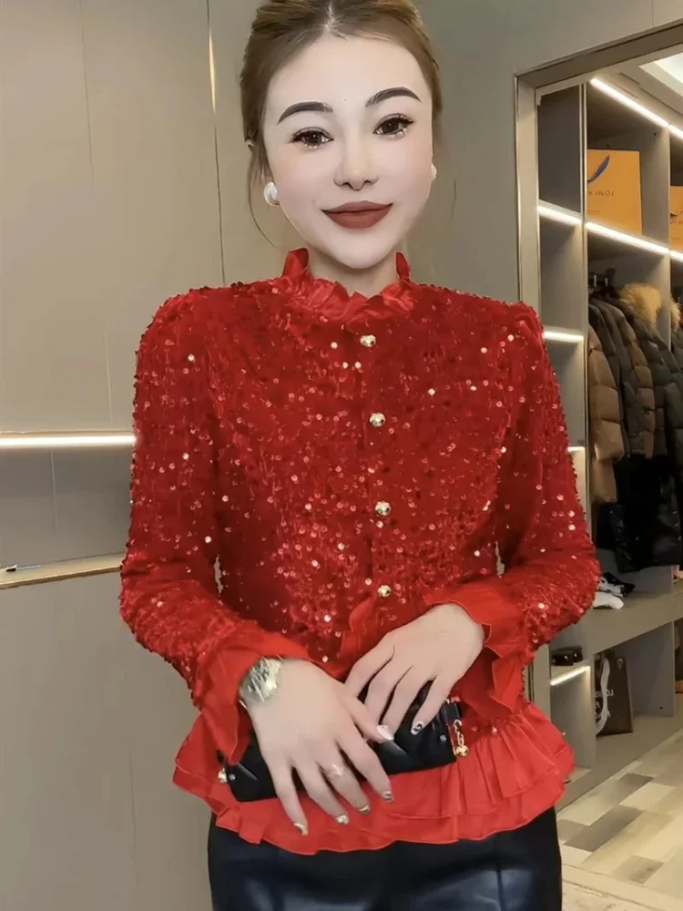 Fashion Y2k Red Sequin Shirt Autumn Winter New High Quality Single Breasted Ruffled Stitching Short Coat Slim Elegant Top Women