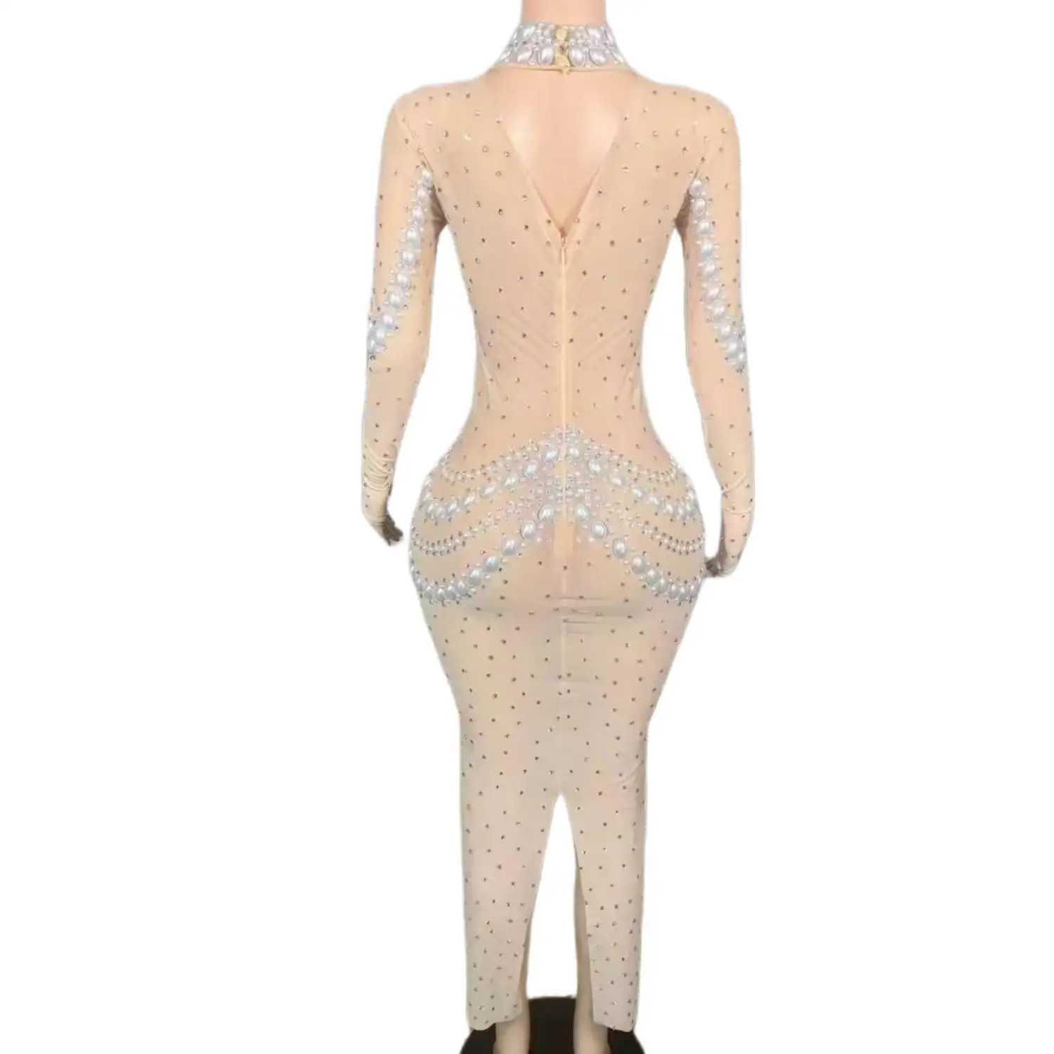 Funkelnde Strass Perlen Perlen Mesh Kleid für Frauen sexy Abend Hochzeit Geburtstag feiern Ballkleid Fotoshooting tragen Longzi