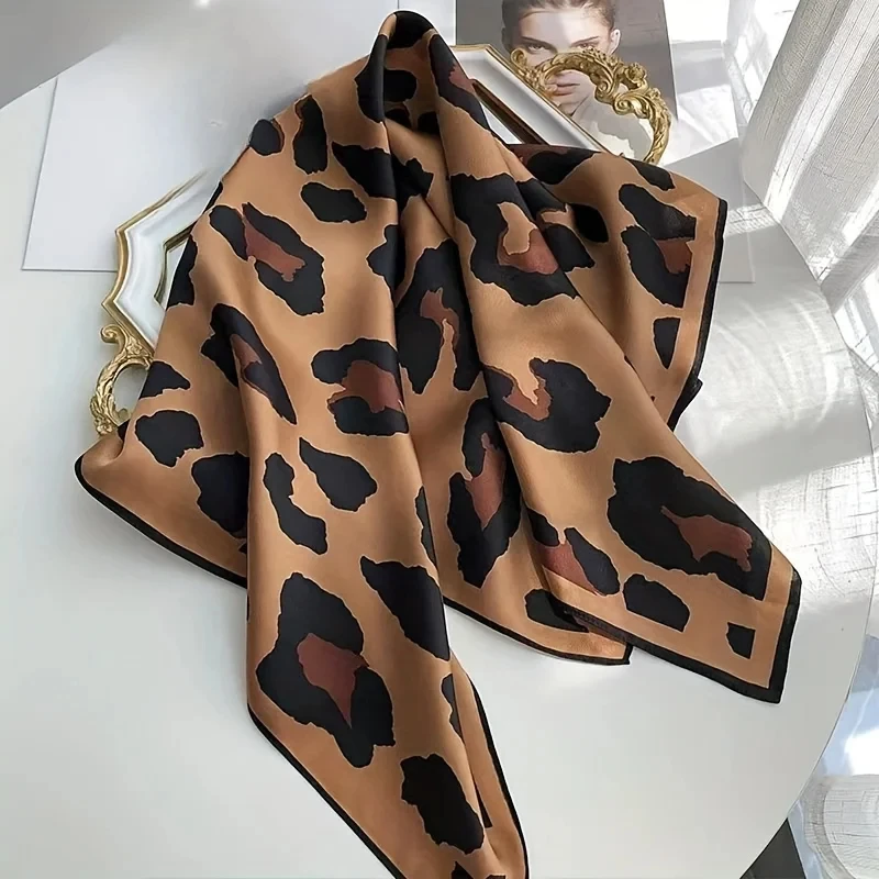 Luxury Brand Women Leopard Print Square Hijab Scarf Soft Satin Silk-like Small Neck Scarf Stylish Casual Headscarf