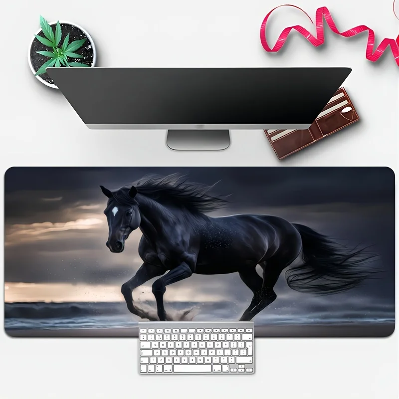 Non-Slip Natural Rubber Desk Mat for Keyboard and Mouse Large Running Black Horse Gaming Mouse Pad - HD Print