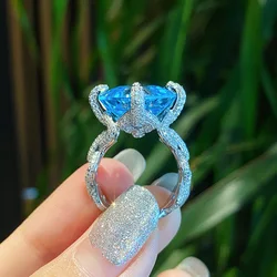 Foydjew Luxury Quality Jewelry Inlaid Asscher Cut Simulation Aquamarine Blue Topaz Rings For Women Banquet Wedding Accessories
