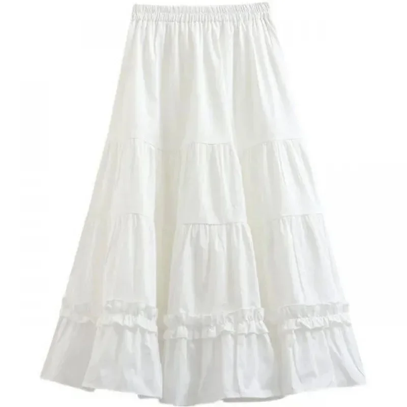 Spring Summer White A- line Skirt For Women Medium-length Puffy High-waisted Pleated Slimming Umbrella Skirt Cute Cake